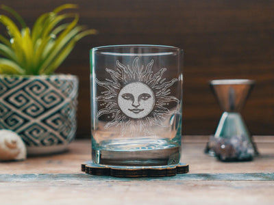 Vintage Sun Glasses | Sunshine Celestial Astronomy Themed Gift, Personalized Whiskey, Wine & Beer Glassware, Antique Sun Face Home Decor