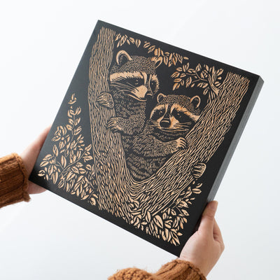 Raccoons Engraved Birch Wood Panel