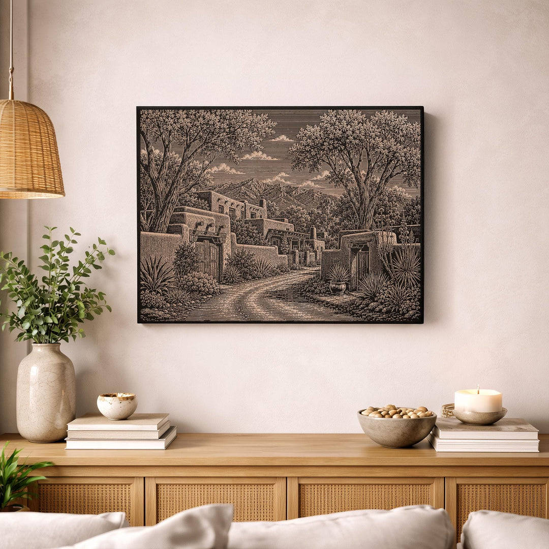 Santa Fe Adobe Lane Engraved Birch Art Panel
