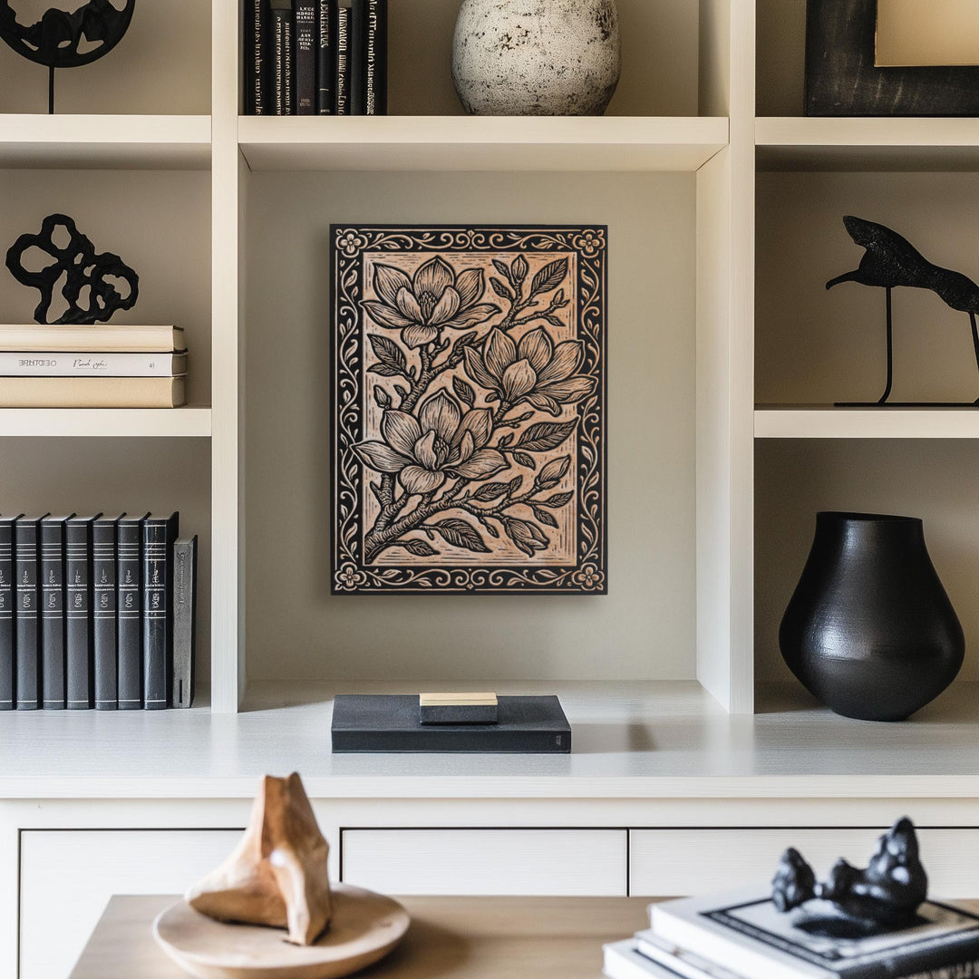 Magnolia Blossoms Engraved Birch Illustration