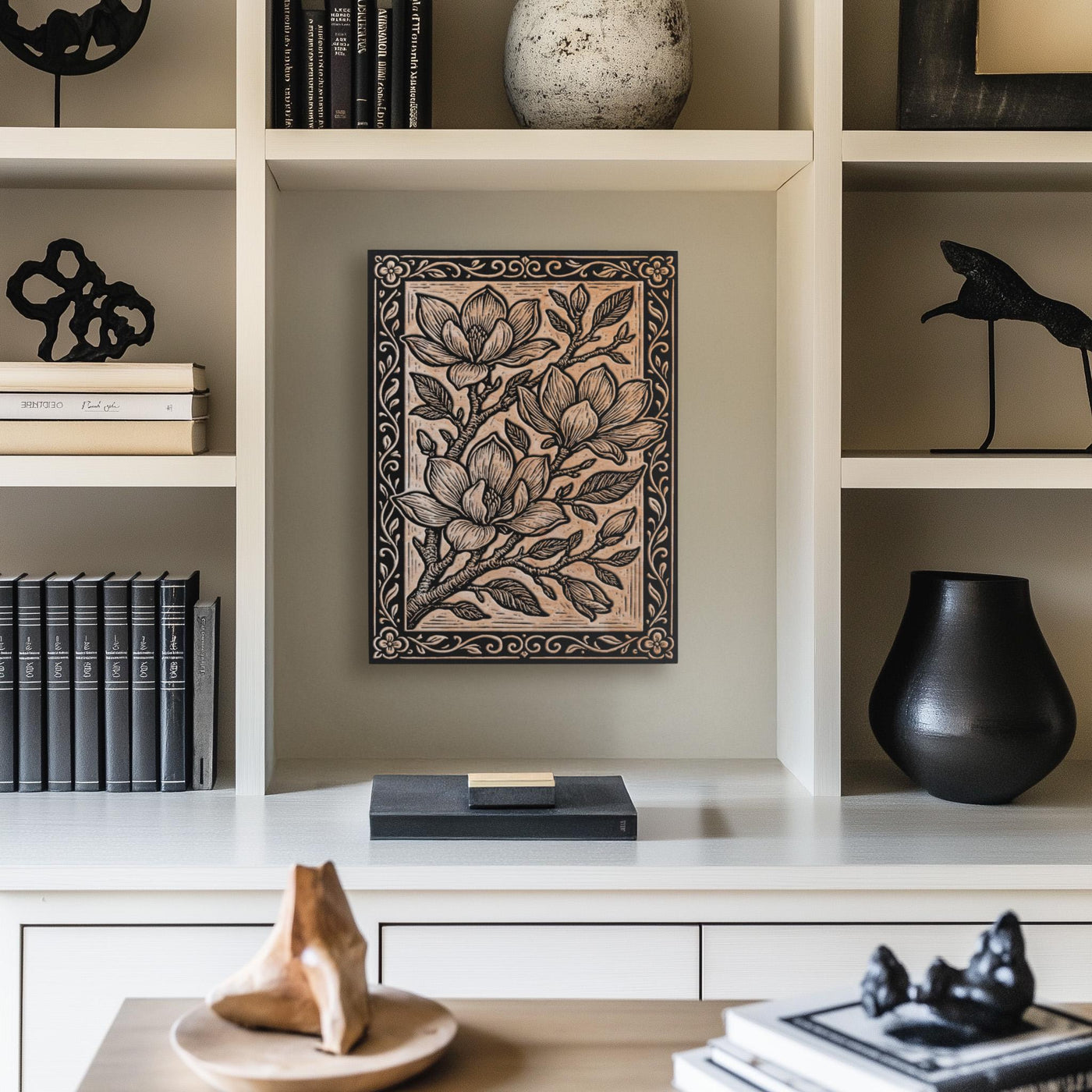 Magnolia Blossoms Engraved Birch Illustration