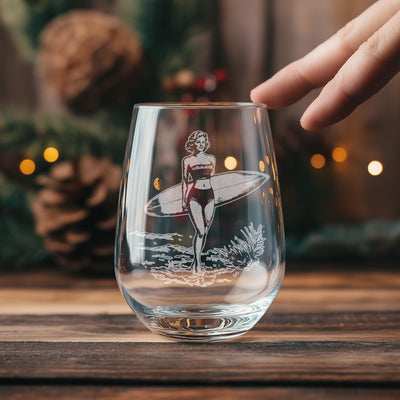 Surfer Babe Glasses | Vintage Beach Themed Whiskey, Wine & Beer Glassware, Ocean Nautical Summer Drinkware, Surfing Gift, Boho Home Decor