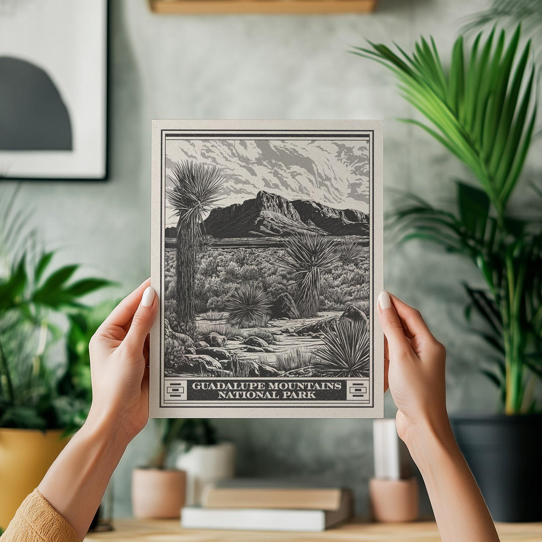 Guadalupe Mountains National Park Lithograph Style Print - Vintage Texas archival matte fine art print Gift Chihuahuan Desert Salt Basin Dune