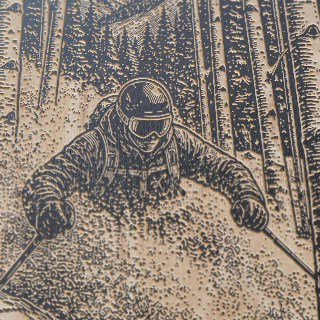 Tree Skiing in Powder Engraved Illustration