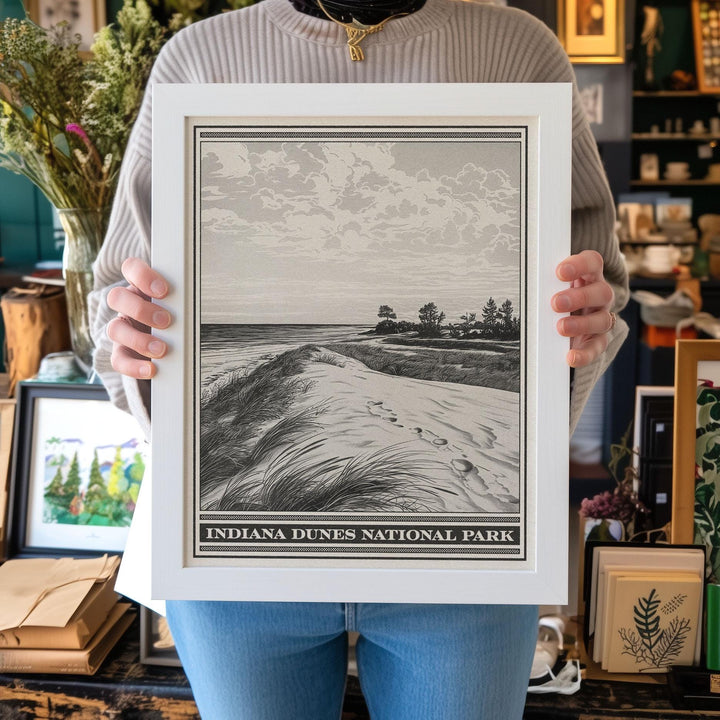 Indiana Dunes National Park Lithograph Style Print - Vintage Indiana archival matte fine art print. Portage Kemil Dunbar Central Beach Gift.