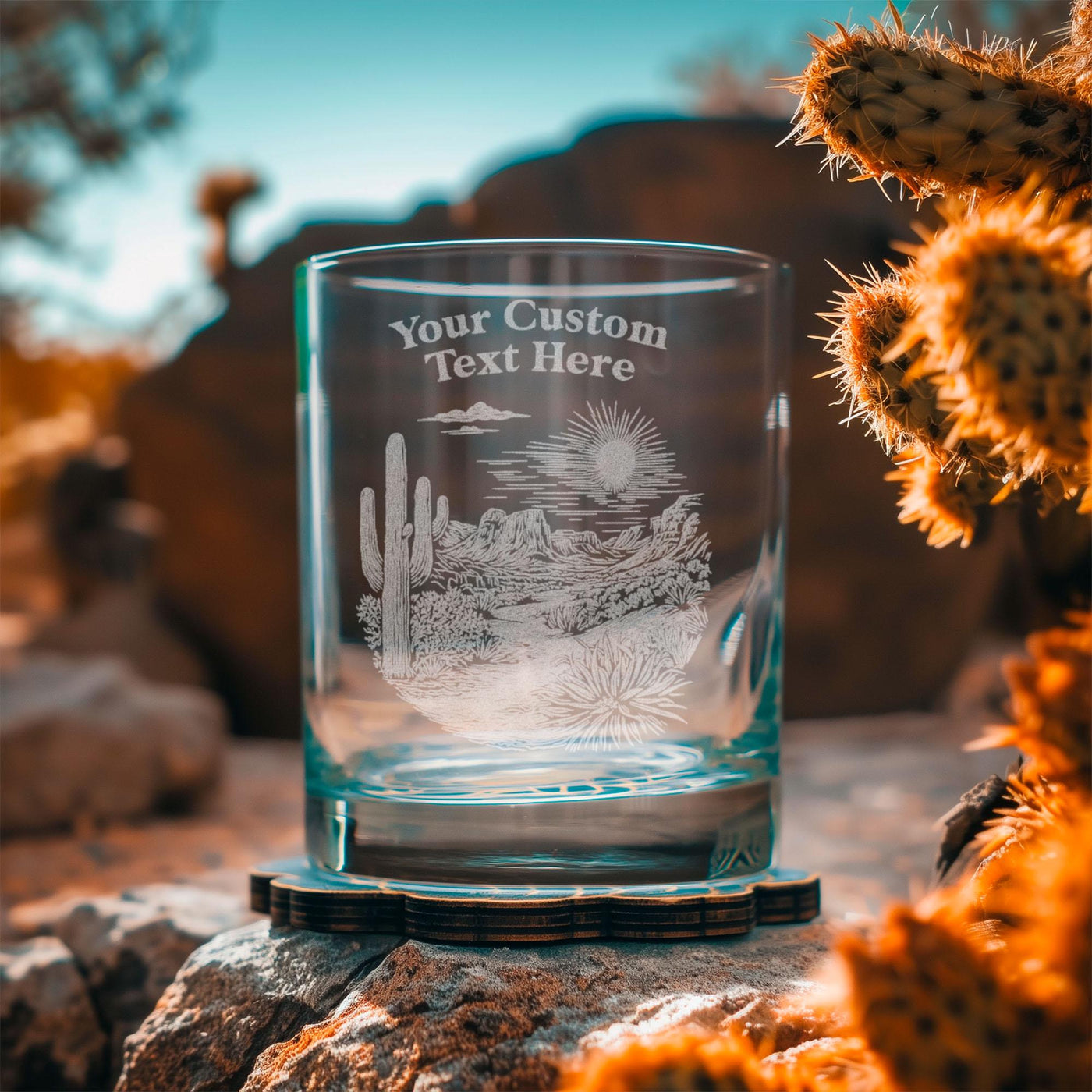 Custom Name Text Engraved Glasses - Western Desert Theme