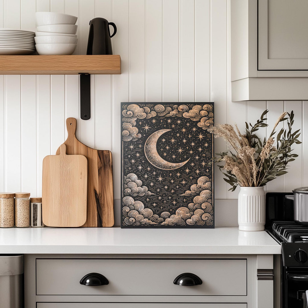 Celestial Moon &amp; Stars Engraved Birch Illustration