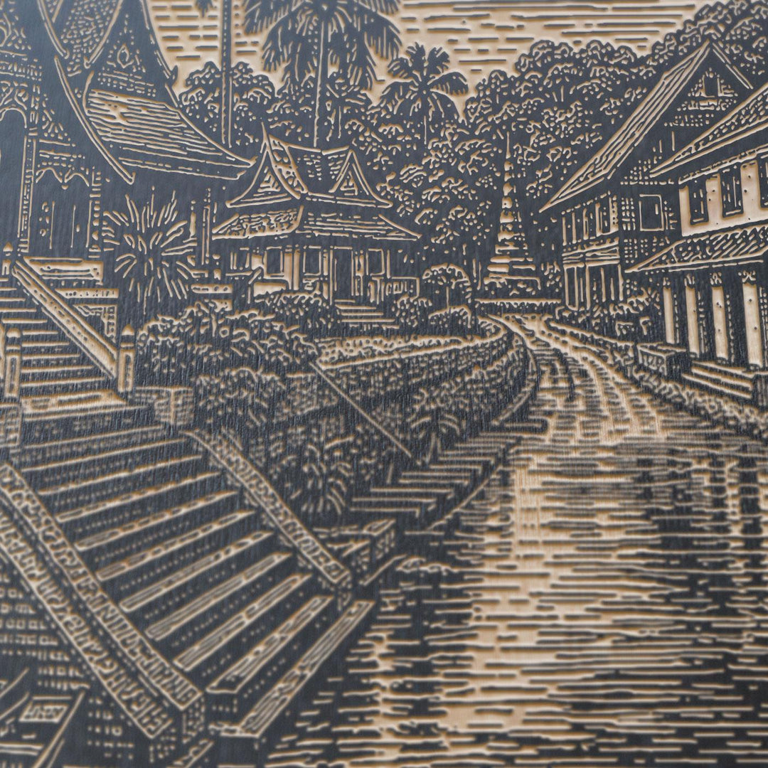 Luang Prabang Riverfront Engraved Birch Art Panel