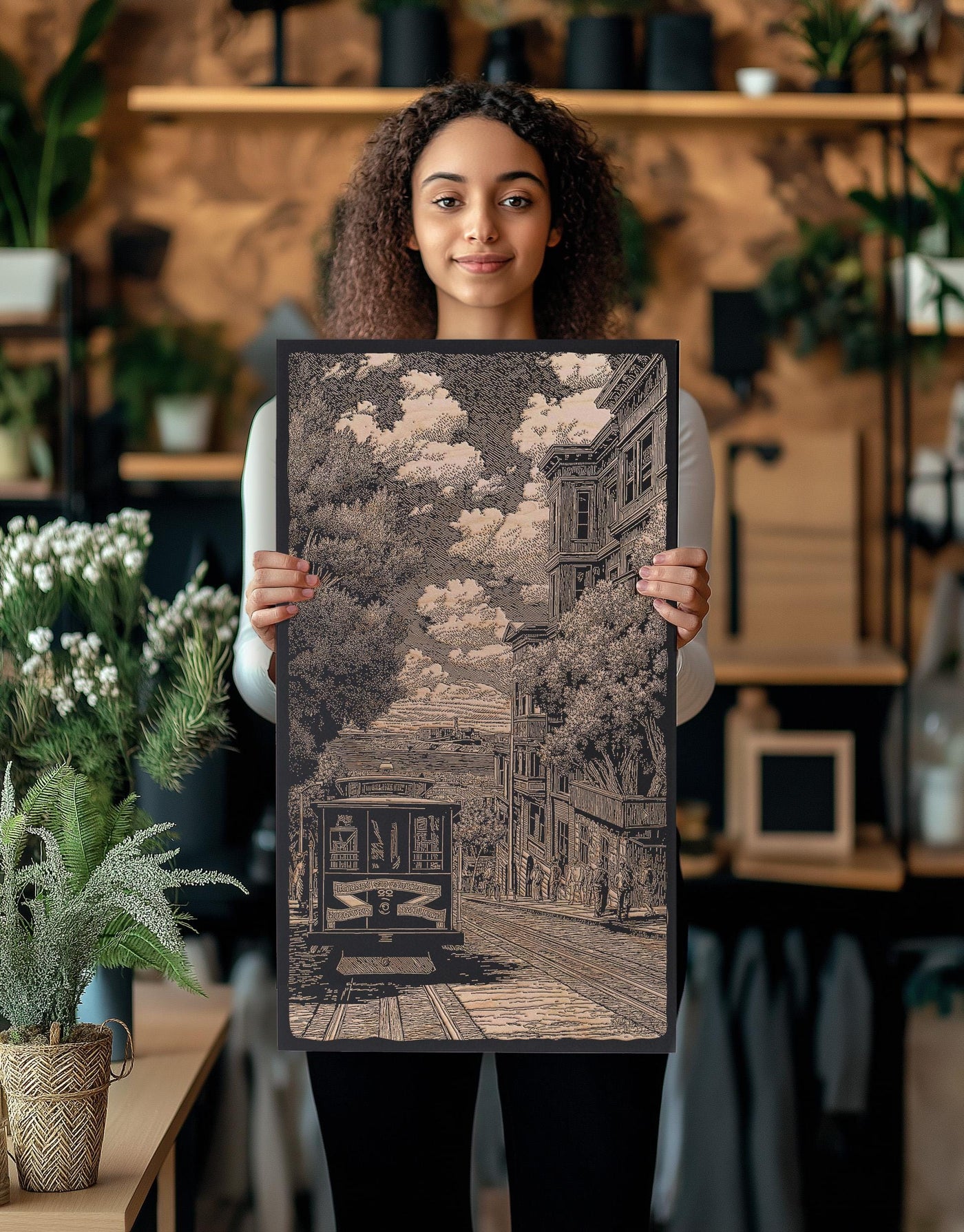 Vintage San Francisco Trolley Engraved Illustration
