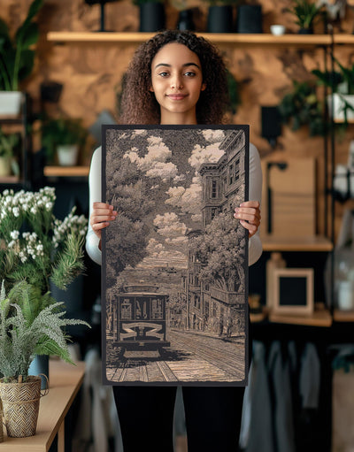 Vintage San Francisco Trolley Engraved Illustration