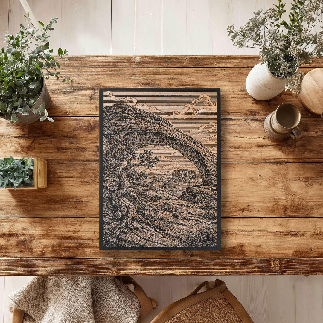 Red Rock Arch and Juniper Engraved Birch Art Panel
