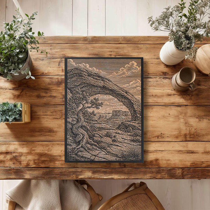 Red Rock Arch and Juniper Engraved Birch Art Panel
