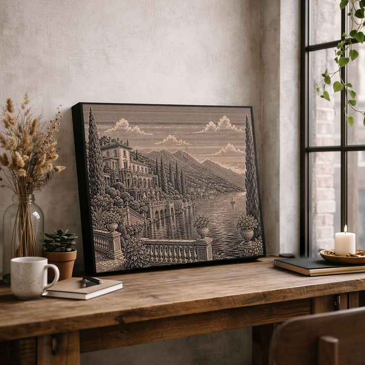 Lake Como Villa Engraved Birch Art Panel