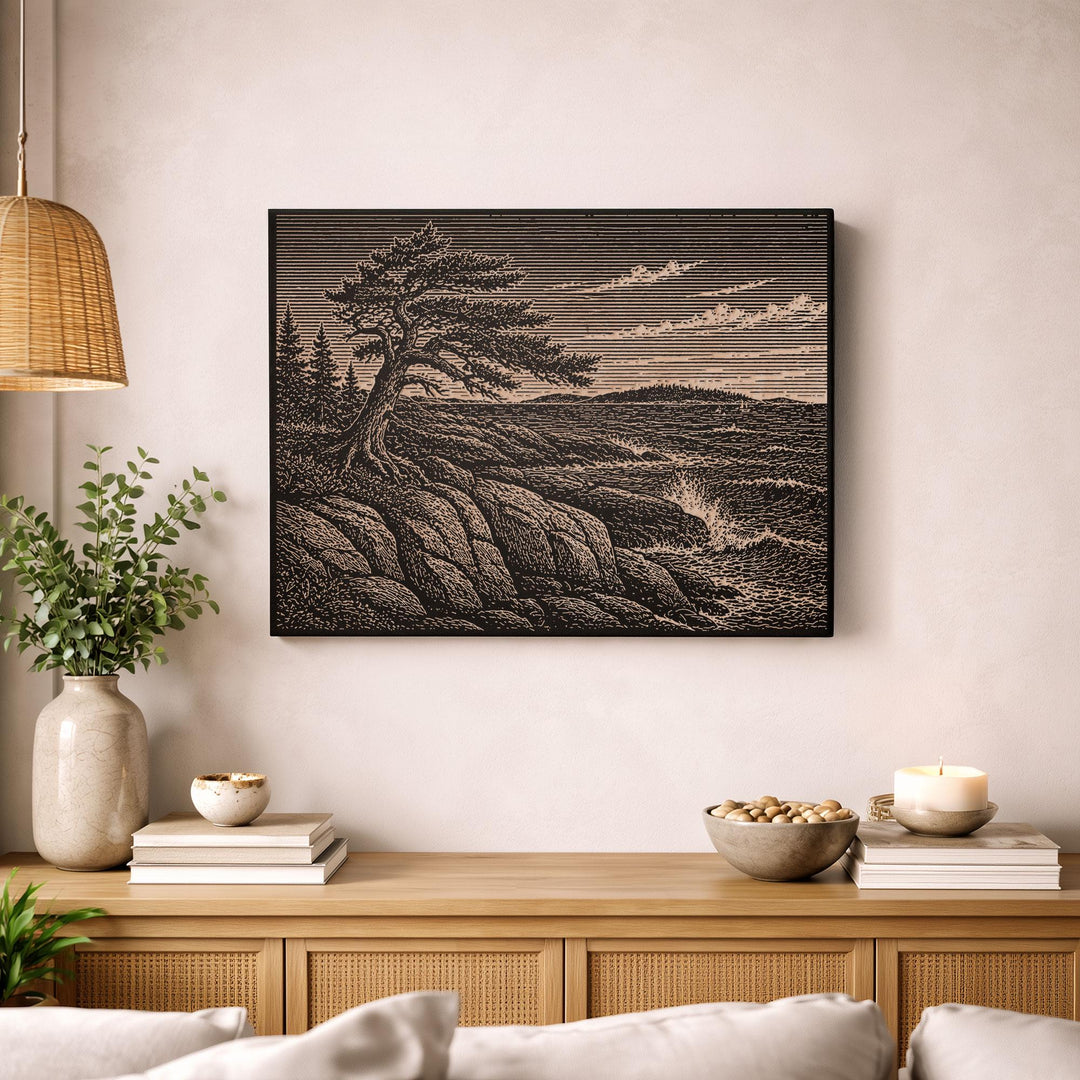 Granite Coast and Wind-Shaped Spruce Engraved Birch Art Panel