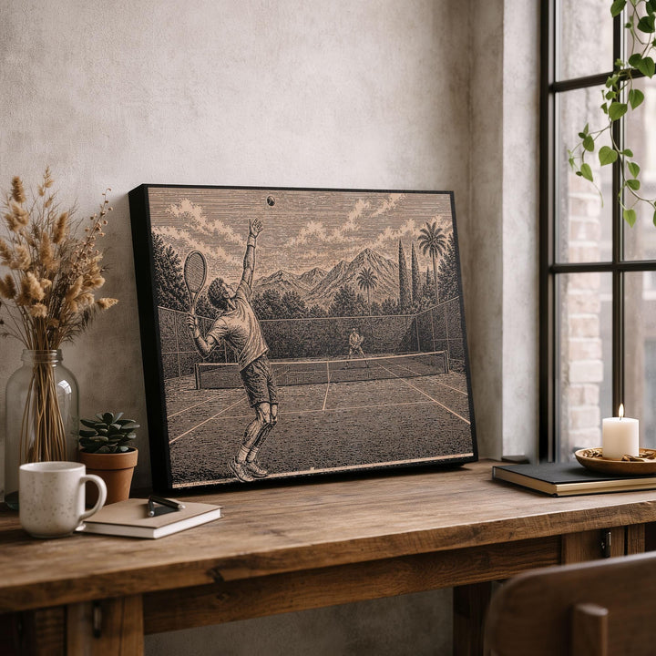Tennis Serve Engraved Illustration