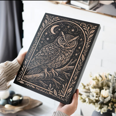 Owl & Moon Engraved Birch Illustration