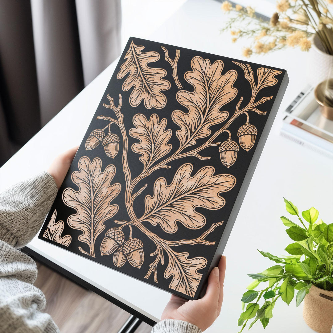 Oak Leaves and Acorns Engraved Birch Art Panel