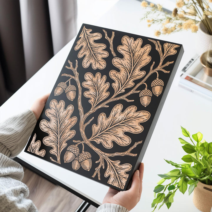 Oak Leaves and Acorns Engraved Birch Art Panel