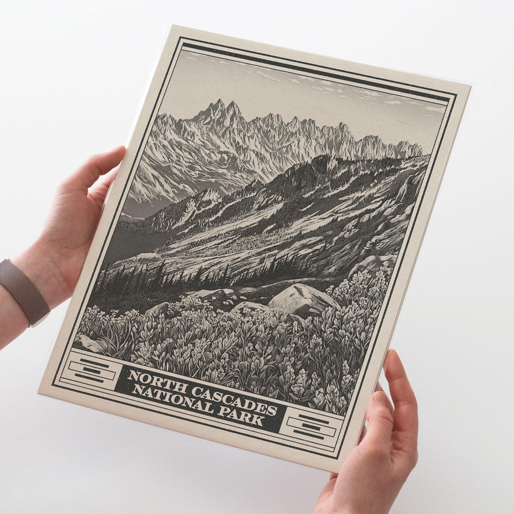 North Cascades National Park Lithograph Style Print - Vintage Washington archival matte fine art print Gift. Thunder Creek Boats dot Ross