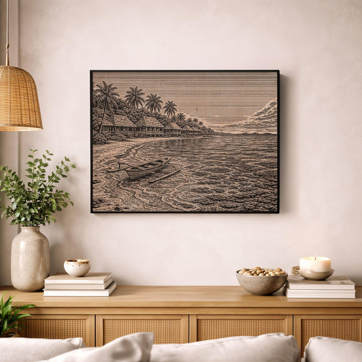 Fiji Coastal Village Engraved Birch Art Panel