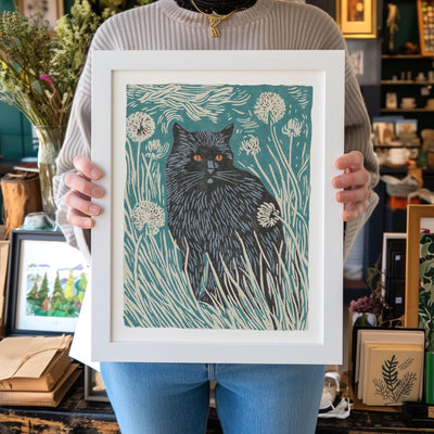 Black Cat in Dandelions Art Print