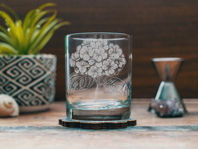 Hydrangea Glasses | Flower Themed Personalized Whiskey, Wine & Beer Glassware, Floral Drinkware, Gardener Gift, New England Summer Decor