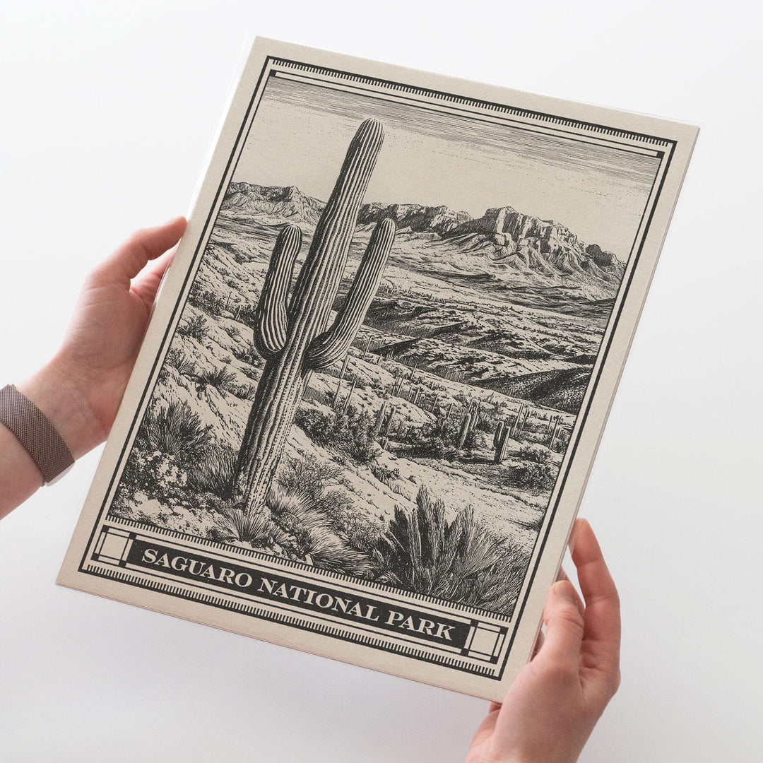 Saguaro National Park Lithograph Style Print - Vintage Arizona archival matte fine art print. Saguaro Cactus Desert Gift. Rincon Mountain.