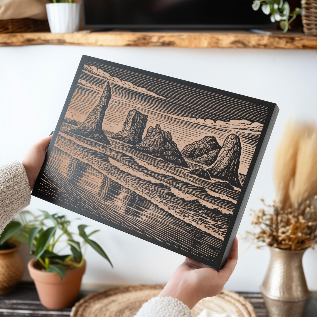 Bandon Beach Sea Stacks Engraved Birch Art Panel