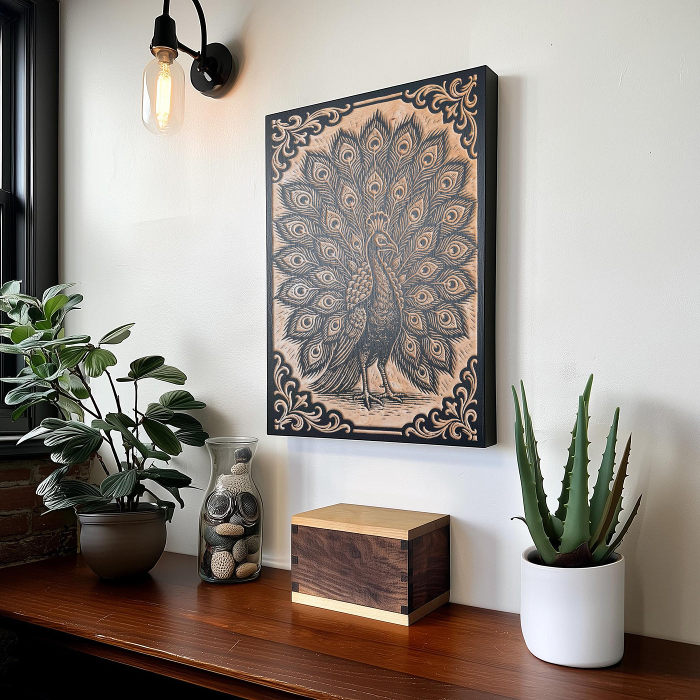 Peacock Engraved Birch Illustration