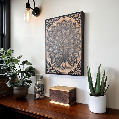 Peacock Engraved Birch Illustration