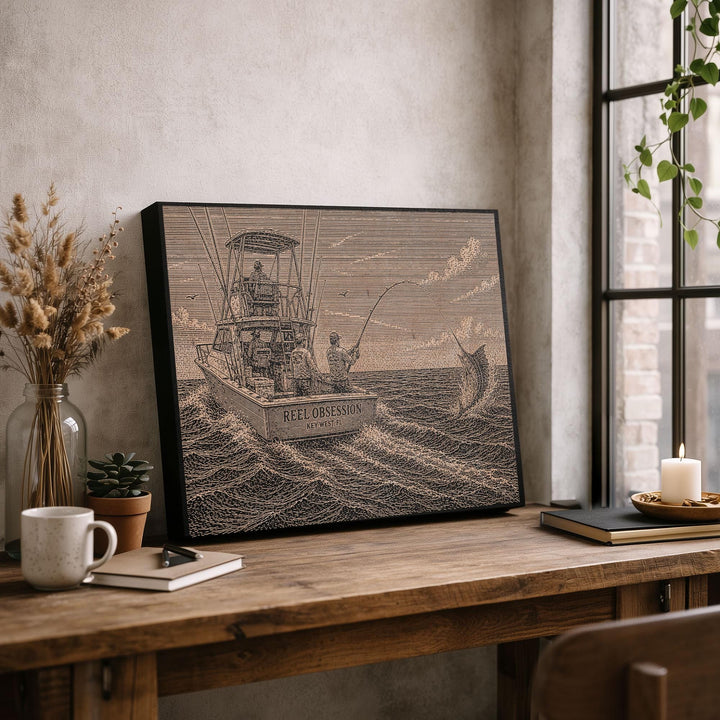 Marlin Sport Fishing Engraved Illustration