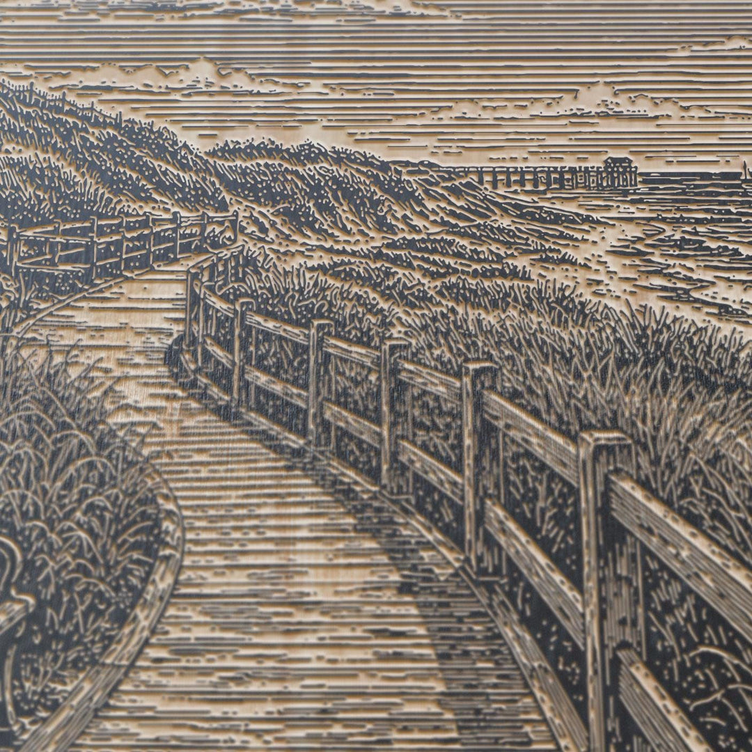 Seaside Boardwalk Stroll Engraved Illustration