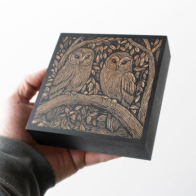 Barn Owl Couple Engraved Birch Wood Panel