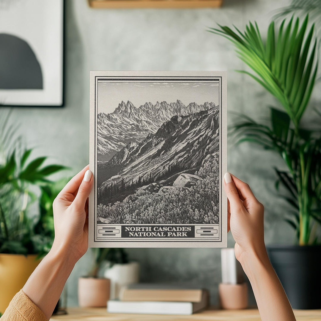 North Cascades National Park Lithograph Style Print - Vintage Washington archival matte fine art print Gift. Thunder Creek Boats dot Ross