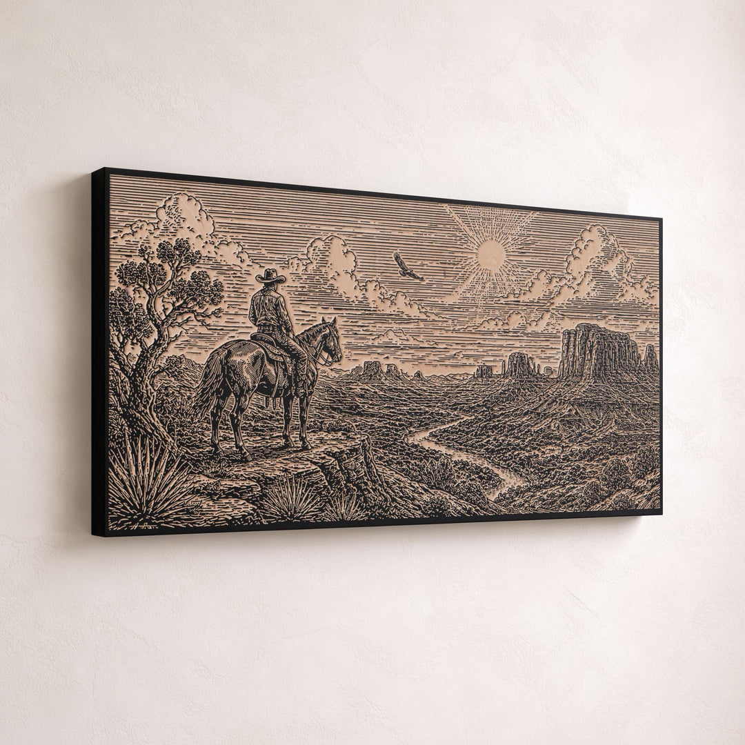 Lone Cowboy Above the Canyon Valley Engraved Illustration
