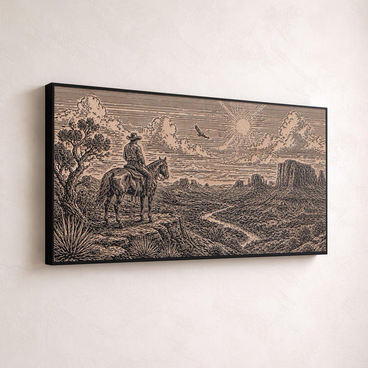 Lone Cowboy Above the Canyon Valley Engraved Illustration