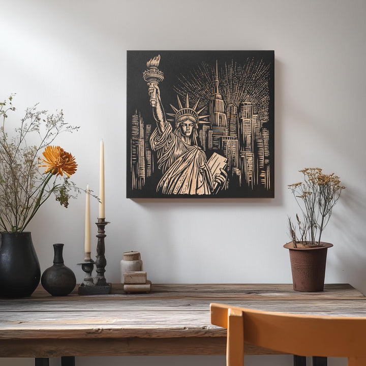 New York Statue Of Liberty Engraved Illustration
