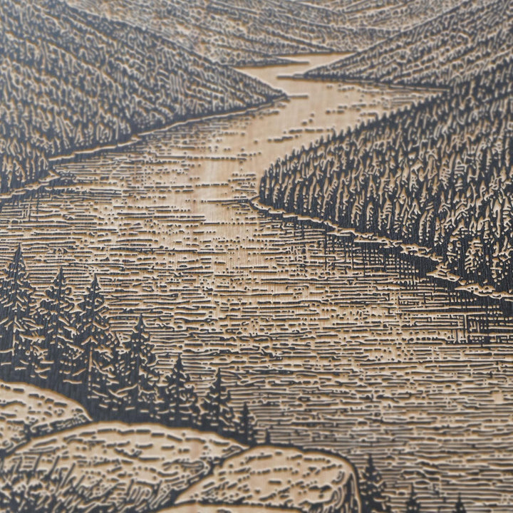 Overlook of a Tranquil Mountain Lake Engraved Birch Art Panel