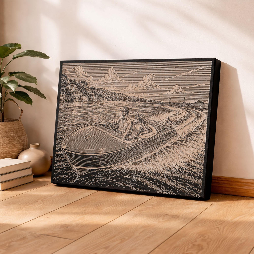 Classic Riviera Speed Boat Engraved Illustration