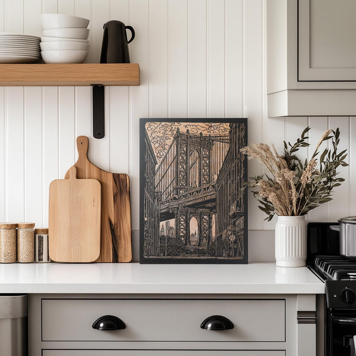 New York Manhattan Bridge Engraved Illustration