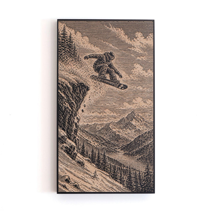 Snowboarder Cliff Jumping Engraved Illustration