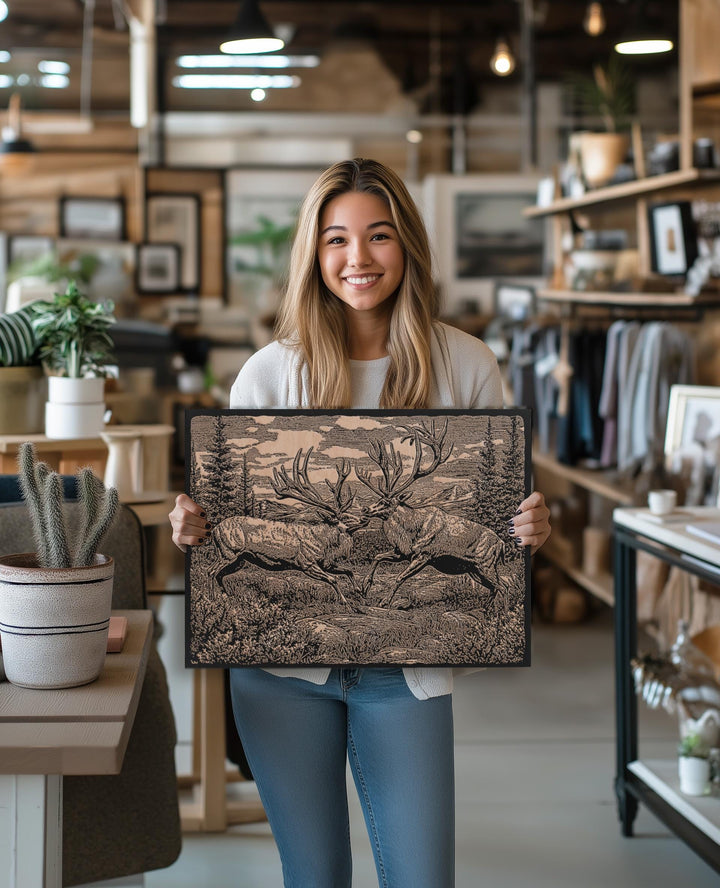 Sparring Caribou Engraved Illustration
