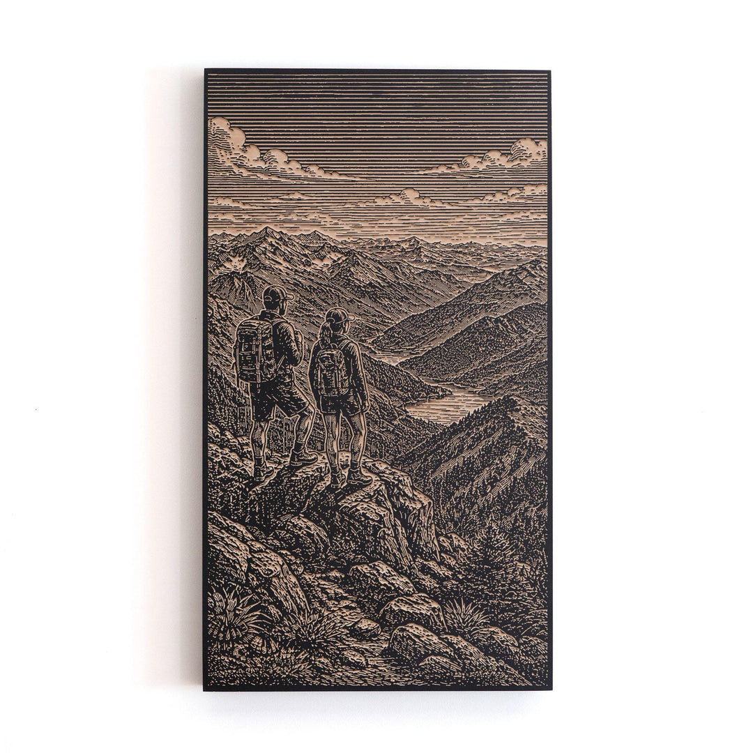 Mountain Vista and Hikers Adventure Engraved Illustration