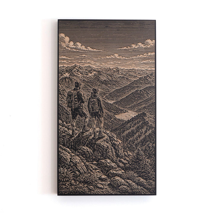 Mountain Vista and Hikers Adventure Engraved Illustration