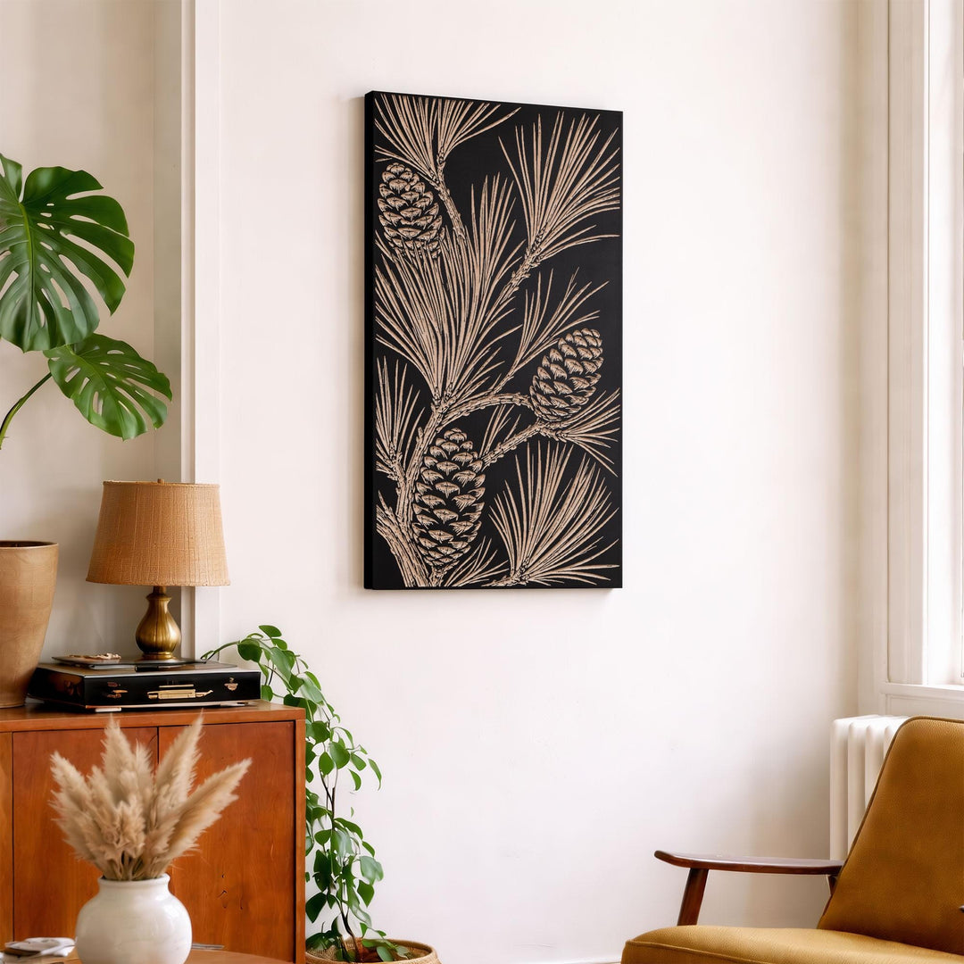 Pine Branches and Cones Engraved Birch Art Panel
