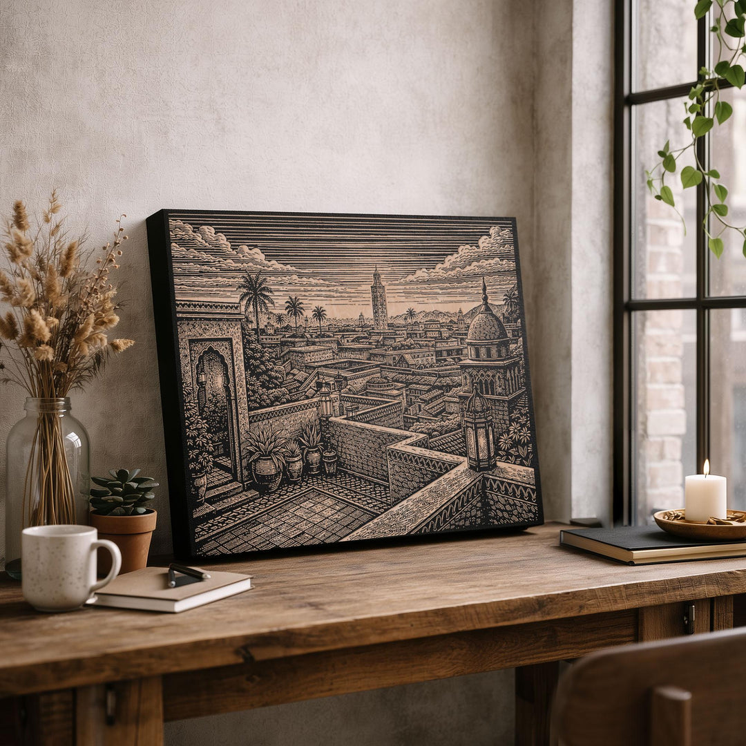 Marrakech Rooftop Courtyard Engraved Birch Art Panel