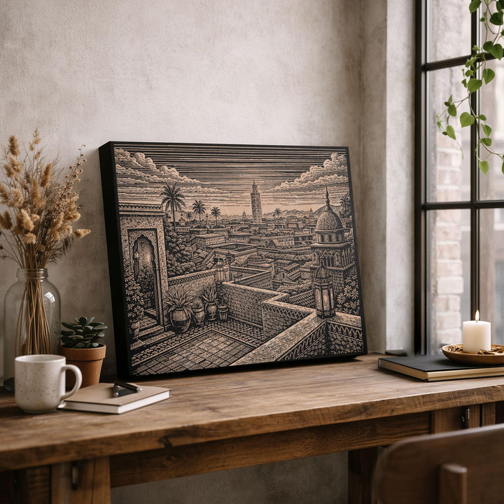 Marrakech Rooftop Courtyard Engraved Birch Art Panel