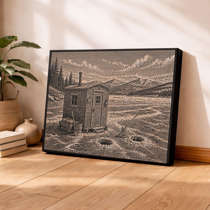 Ice Fishing on a Snowy Lake Engraved Illustration