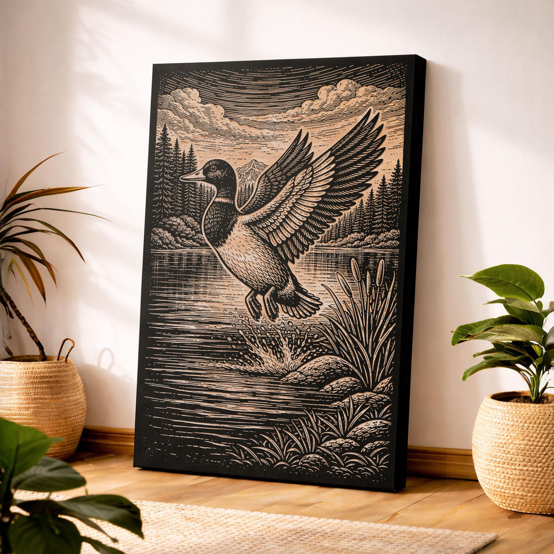 Mallard Drake Taking Flight Engraved Birch Art Panel