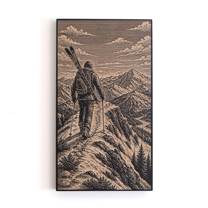Skier Hiking Ridgeline with Skis Engraved Illustration